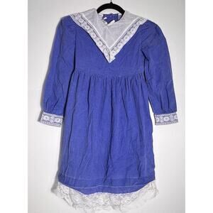 Vintage Prairie Dress Girls Dress Blue White Polka Dot Lace Bib Trim 4T 5T